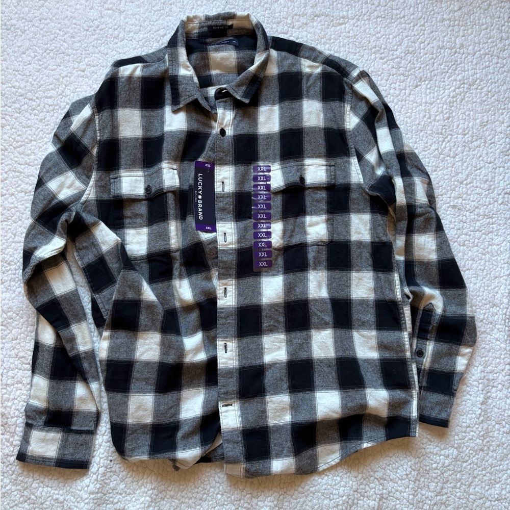 Lucky Brand 🍀 Men's Black and White Buffalo Plaid Flannel Shirt
